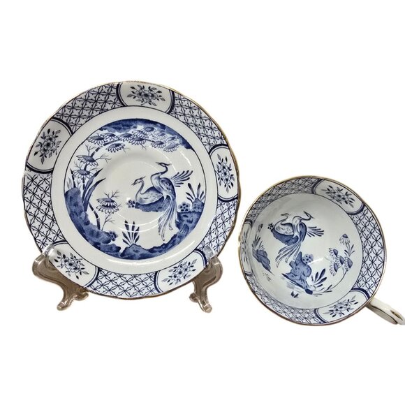 Antique Tea Cup & Saucer Blue White Birds Tuscan Fine English Bone China - Picture 1 of 8